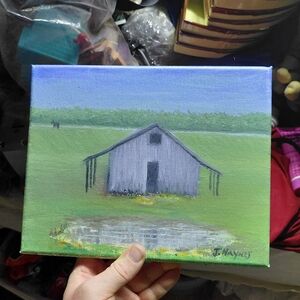 rustic landscape oil painting  old barn And Small Pond J. Haynes 10" X 8"
